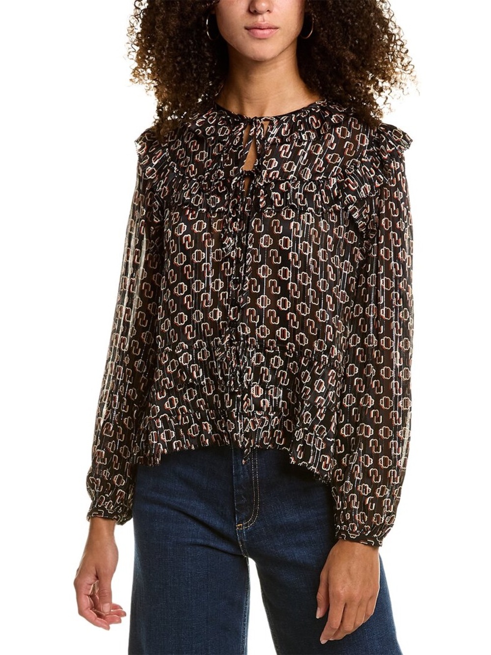 Maje Black Multi Ruffle-Neck Long Sleeve Blouse